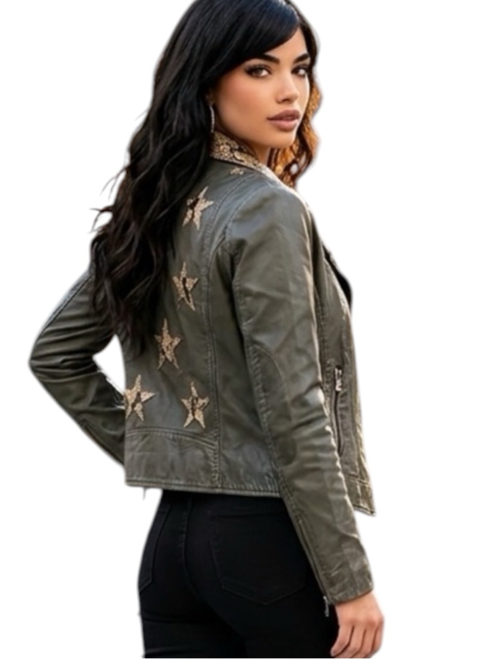 Leather Moto Jacket Star Snakeskin Boho Western Cowgirl Lightweight Coat Green